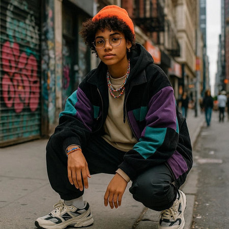 Portrait of a young african american woman with curly hair in casual clothes sitting on the street