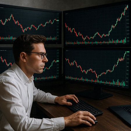 Side view of handsome young businessman in eyeglasses typing on computer keyboard while sitting at...