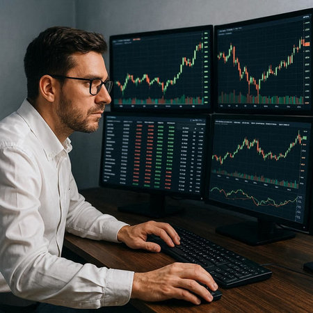 Side view of businessman in eyeglasses working on computer monitors with forex chart
