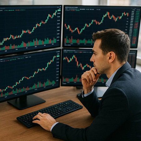 Handsome businessman sitting at desk in front of computer monitors with stock market data