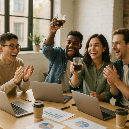 Group of happy young multiethnic colleagues in smart casual wear clinking glasses and smiling while...