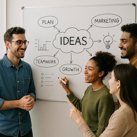Group of diverse people working together on a project in a modern office