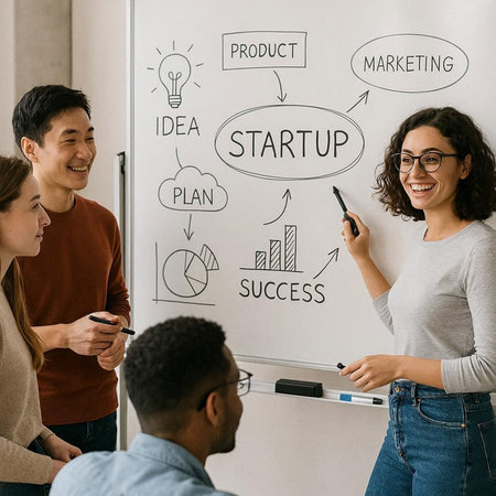 Group of young multiethnic business people brainstorming on a whiteboard at office