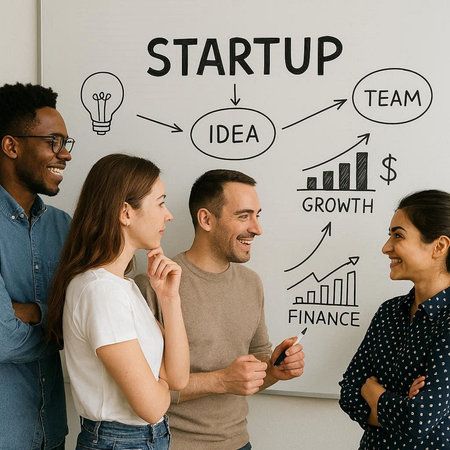 Startup Business Plan Strategy Diagram Word Graphic Concept. Group of young business people...