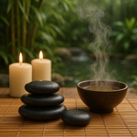 Spa still life with hot tea and hot stones on bamboo mat