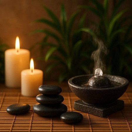 Spa still life with black stones and burning candles on bamboo mat