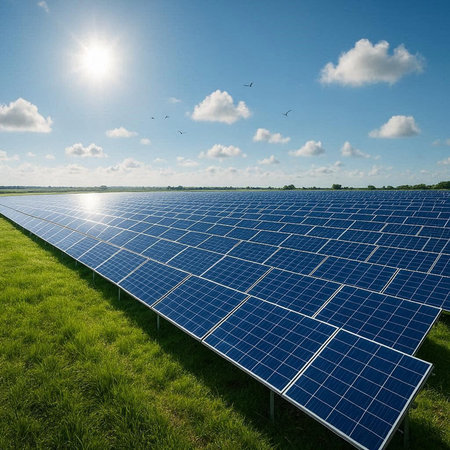 solar energy panels in green field with blue sky and white clouds