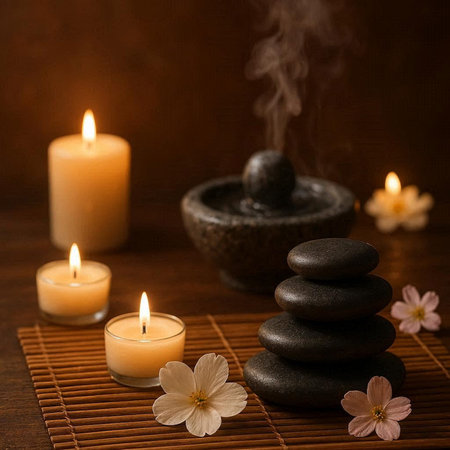 Spa still life with zen stones, burning candles and flowers