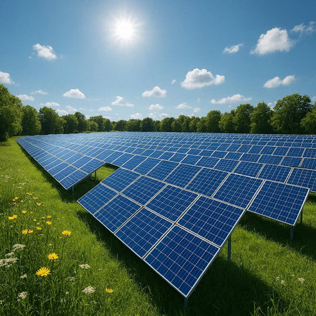 solar energy panels in the field with blue sky and white clouds