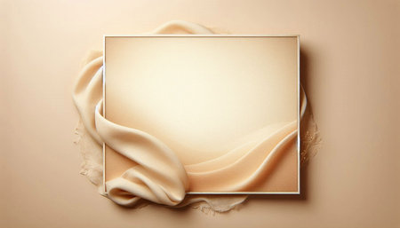 Beige silk fabric with a frame on a beige background.の写真素材