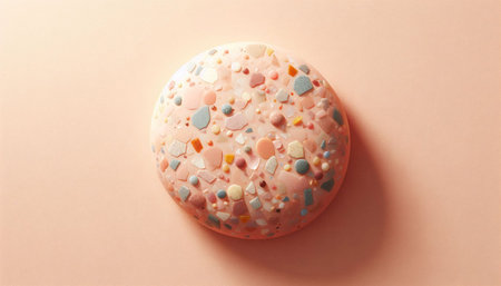 Handmade soap with colorful sprinkles on pink background, top view