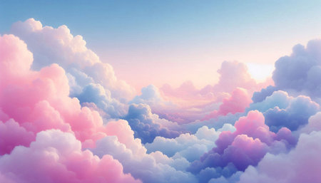 Fantasy cloudscape with blue sky and pink clouds. 3D illustration