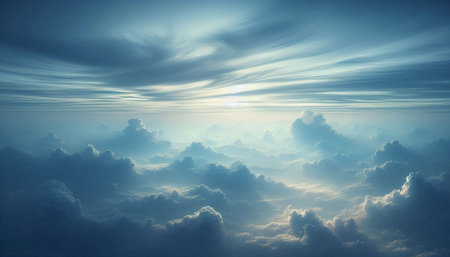 Beautiful aerial view above clouds at sunset. 3d rendering illustration