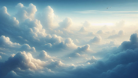 Beautiful aerial view above clouds at sunset. 3d illustration.