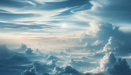 Beautiful aerial view above the clouds at sunset. 3d render