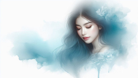 Portrait of a beautiful woman with long black hair and blue watercolor backgroundの写真素材