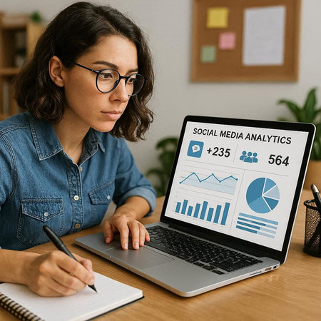 Woman working on laptop network graphic overlay on screen. Business and technology concept
