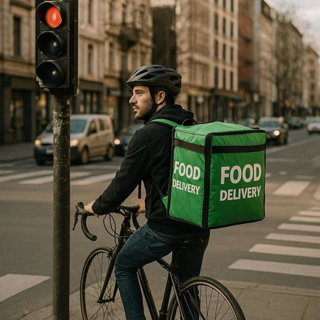 young delivery man on bicycle with food delivery box in the city street