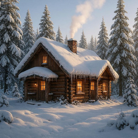 Wooden cottage in the Carpathian mountains in the winter.の写真素材