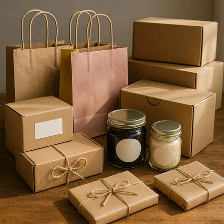 Brown paper bags, jars and jars with food on wooden table.