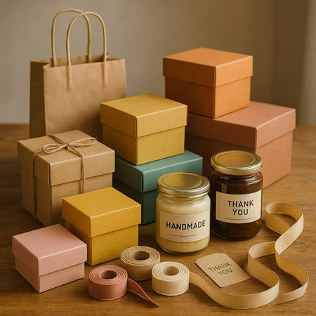 Gift boxes and ribbon on wooden table with copy space for text