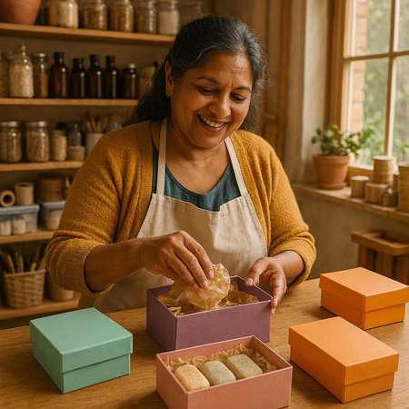 Smiling mature woman packing box with gingerbread cookies in bakery shop