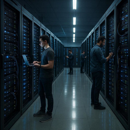 Programmers working in a server room data center. Dark tone.