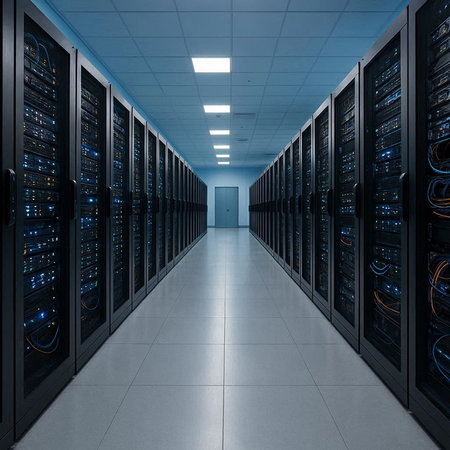 server room data center with row of hard drives 3d rendering image