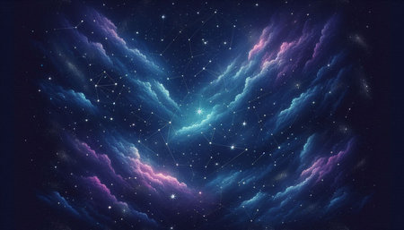 Abstract background with blue and purple nebula and stars. Vector illustration.