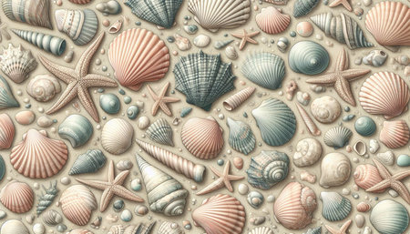 Seashells and starfish on a beige background.