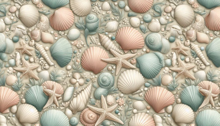 Seashells and starfish background. 3D illustration.