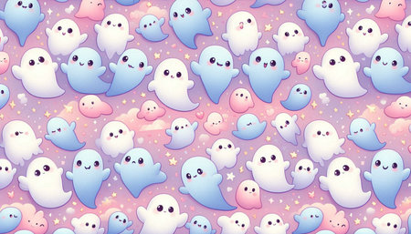 Seamless pattern with cute cartoon ghosts and stars. Vector illustration.の写真素材