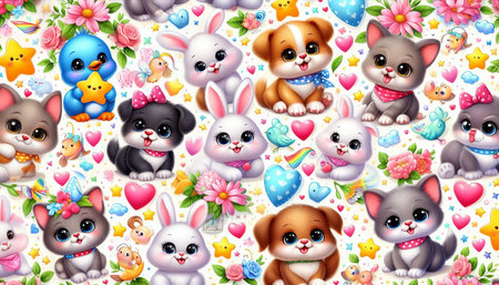 Seamless pattern with cute cartoon animals and hearts on white backgroundの写真素材