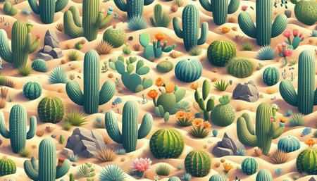 Seamless pattern with cacti and succulents in desert