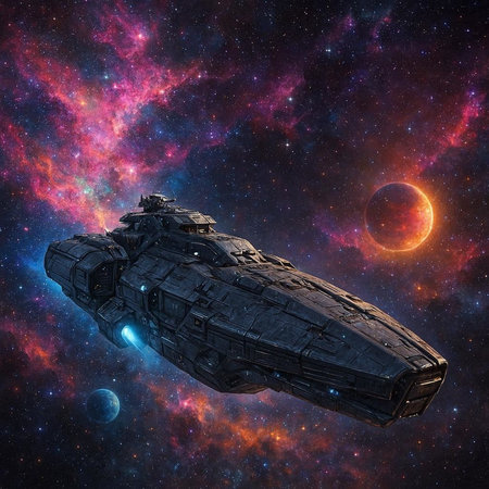 Space ship in deep space with planets and stars. 3D renderingの写真素材