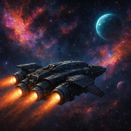 Space ship in space against the background of the stars and planets.