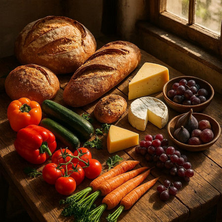 Composition with bread, vegetables and cheese on rustic wooden table