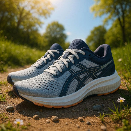Pair of blue running shoes on the ground in the park.