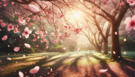 Cherry blossoms in full bloom in the spring garden. 3D Rendering