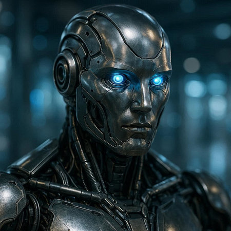 3D rendering of a male robot in a futuristic cyborg suit