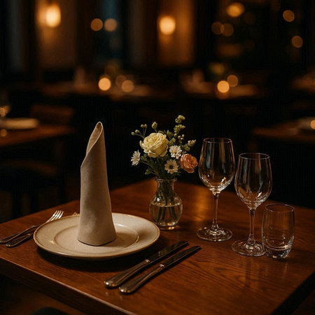 Elegant table setting for a wedding or another catered event dinner.