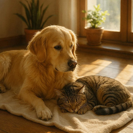 Golden Retriever and cat together at home in the morning.の写真素材