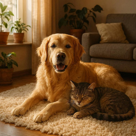 Golden Retriever and cat together at home in living room.