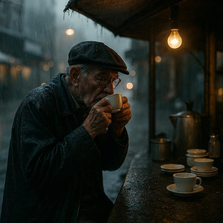 Elderly man with a cup of coffee in the rain.