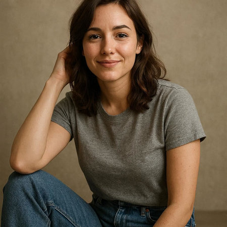 Portrait of a beautiful woman with long brown hair and blue jeans