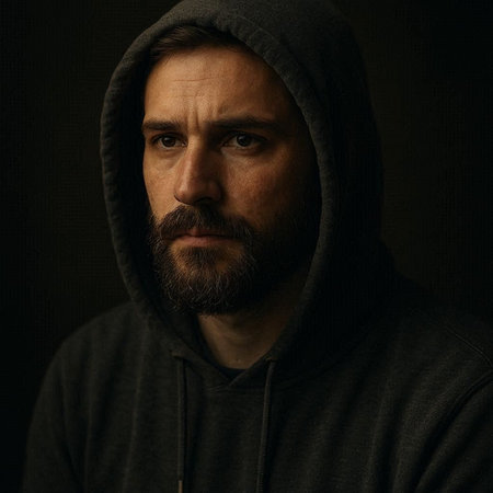 Portrait of a man with a beard in a hood on a dark backgroundの写真素材