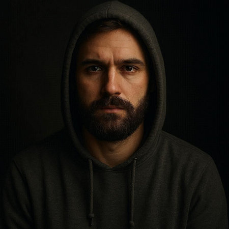 Portrait of a man with a beard in a hood on a dark background