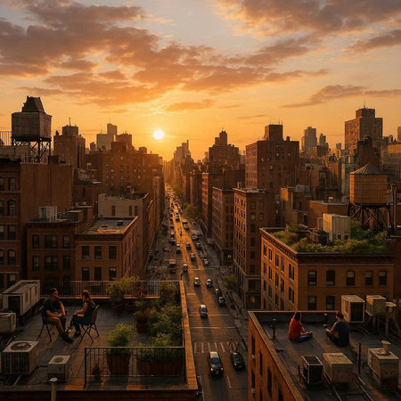 Manhattan skyline at sunset, New York City, United States.