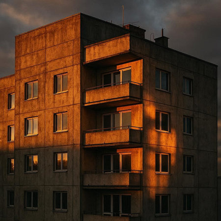 3D render of a modern apartment building in the evening with sunset