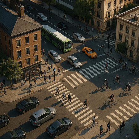 Aerial view of crosswalk in downtown area of New York City